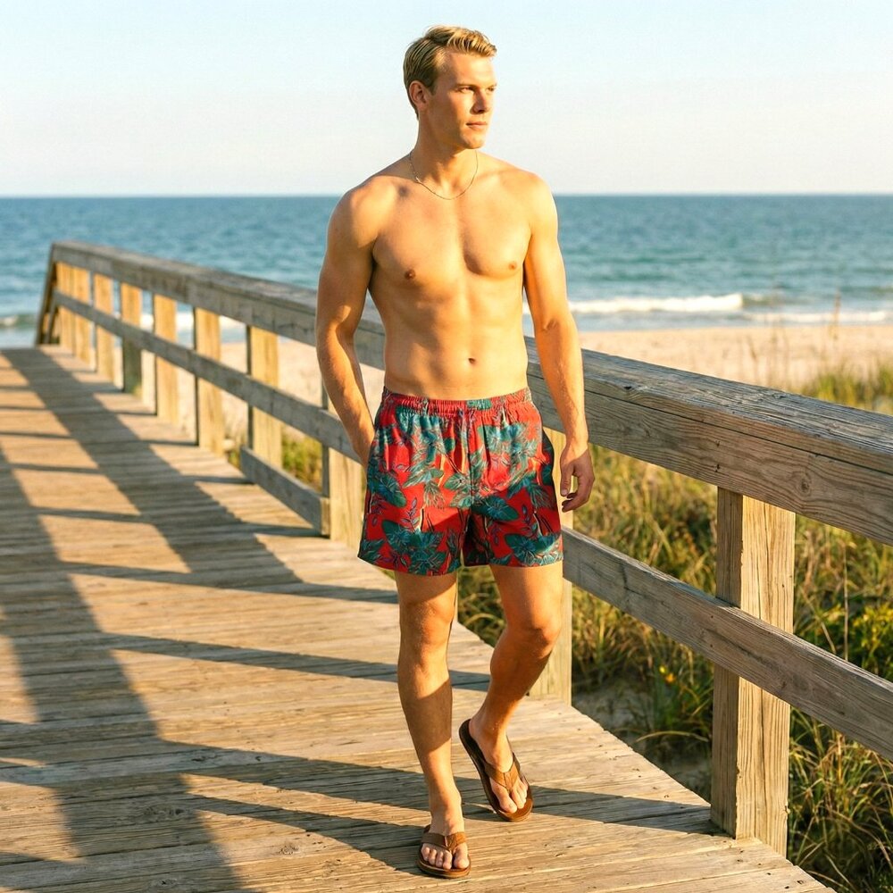 Vintage Esprit Campus Mens L Red Tropical Print Swim Trunks Mesh Lined 90s